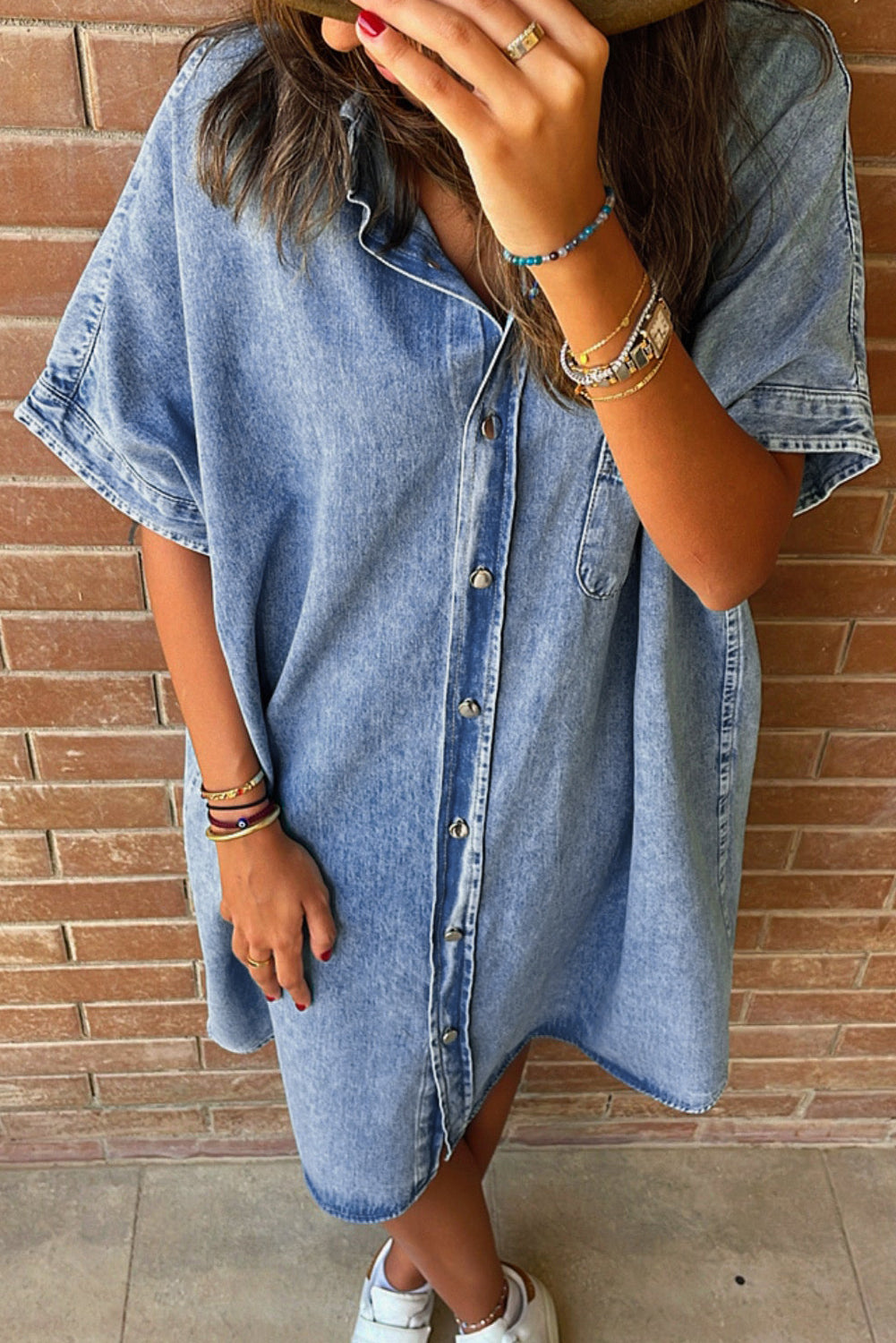 Light Blue Vintage Wash Loose Denim Shirt Dress